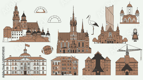 Vintage European Cityscape Collection: Historic Buildings, Stork, and Architecture Icons