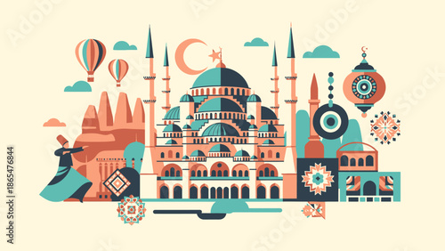 Whirling Dervish Dancing Beside Mosque, Hot Air Balloons, and Turkish Symbols Flat Design