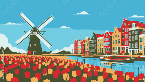 Vibrant Dutch Landscape: Windmill, Tulips, and Colorful Canalside Houses in Amsterdam