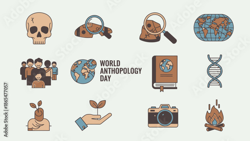 World Anthropology Day Icons: Skull, DNA, Globe, Research, Evolution, People