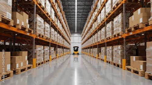 Wallpaper Mural A wide-angle perspective captures the brightly lit, organized modern industrial warehouse, showing a forklift operating efficiently between symmetrical rows of boxed inventory. Torontodigital.ca