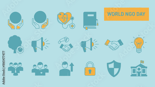 World NGO Day Icons: Charity, Healthcare, Teamwork, Ideas, Security, Education