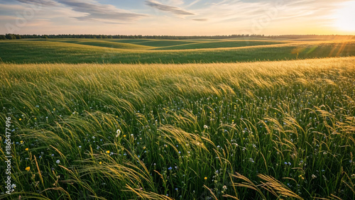 Golden hour radiance washes over a boundless green field, with gentle wind rustling through the crops under a serene and colorful sunset sky, evoking natural beauty