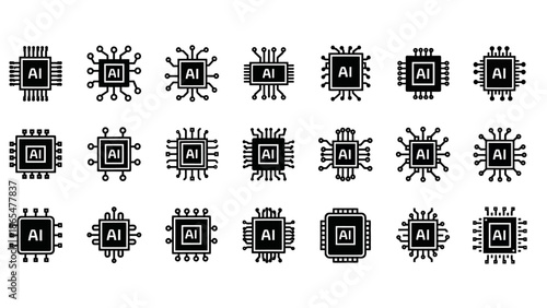 Artificial Intelligence Microchip Circuit Board Icons.