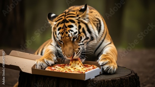 tiger eating pizza in a forest