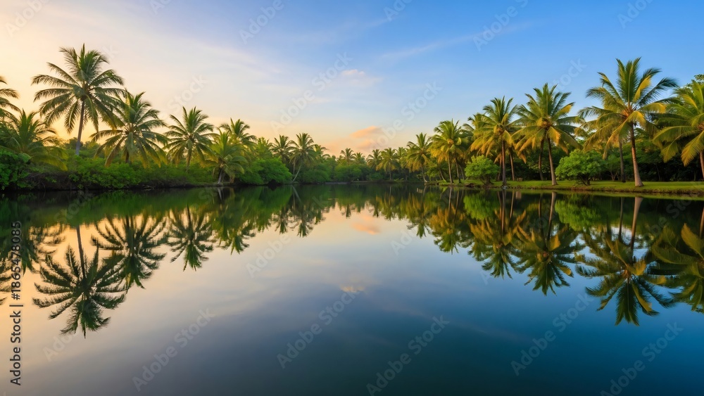 Obraz premium coconut palm trees reflected on calm lagoon water, mirror like reflection, lush green foliage
