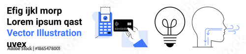 Digital payments, modern innovation, creativity concepts, technology interfaces, human ideas, and brainstorming. Hand holding a card, light bulb human head and breath visualization. Digital payments