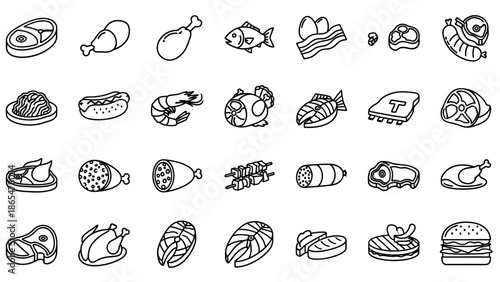 Assorted Food Icons in Black and White.
