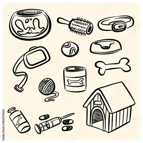 Veterinary and Pet Care Supplies Hand-Drawn Line Art Illustration