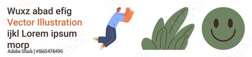 Fun, positivity, wellness, nature, self-expression, joy celebration. A man jumps with raised hands next to green leaves and a happy face. Fun and positivity joyful expression and connection to nature