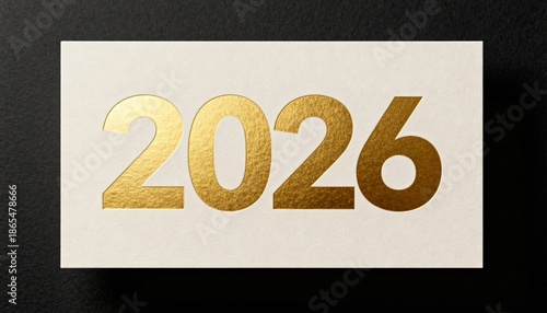 Close-Up Luxury 2026 New Year Holiday Card with Bold Gold Foil Embossed Numbers on Cream Paper, Elegant Minimal Festive Greeting Design on Dark Textured Background.