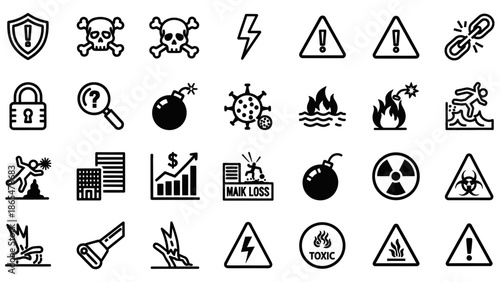 Collection of Black Warning and Danger Icons.