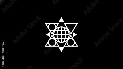 Geometric symbol with globe on black background for global concepts
