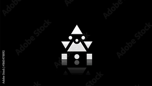 Modern geometric art design with triangles and circles on black