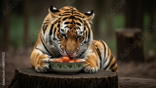 tiger eating meatball in a forest