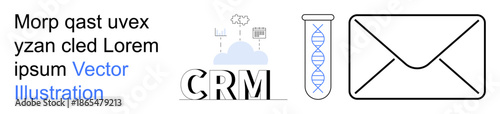 Data management, email marketing, customer relationships, DNA technology, communication tools, cloud integration. CRM text with cloud and DNA strand beside an envelope. Data management and email