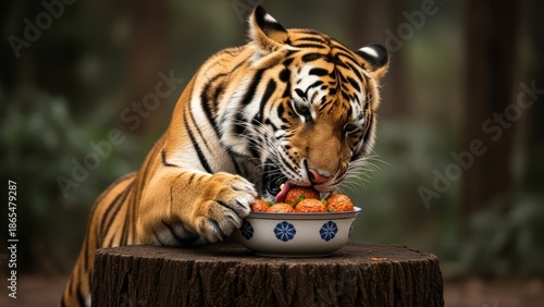 tiger eating meatball in a forest
