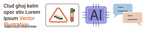AI technology, autonomous systems, communication tools, machine learning, automotive safety, digital interfaces. AI chip icon, speech bubbles traffic warning sign. AI technology and autonomous