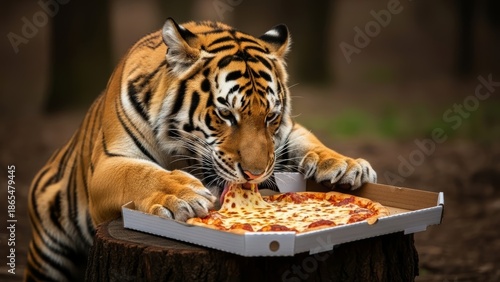 tiger eating pizza in a forest