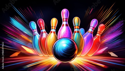 neon bowling ball strikes down pins in vibrant motion on black background