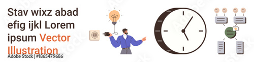 Innovation, time management, data processing, teamwork, workflow, creativity. A person with a lightbulb, a clock and data charts. Innovation and time management theme in a conceptual design