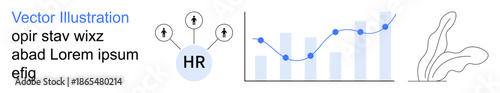 Business analysis, growth tracking, HR management, workflow optimization, data visualization, economic planning. Features HR icon with arrows, bar chart with line graph abstract shapes. Business