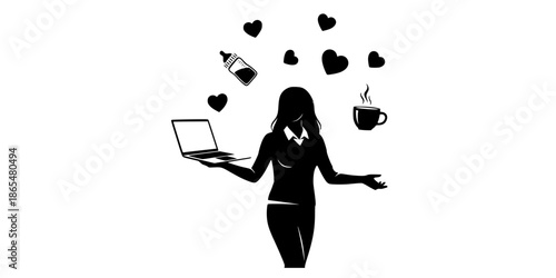 Modern Multitasking Mom Silhouette Vector - Black White Contemporary Mother Work Life Balance Mother's Day Flat Illustration