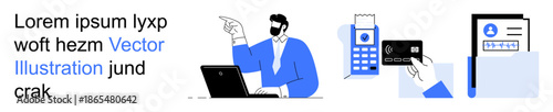 Identity verification, secure payments, e-commerce, digital security, business transactions, remote authentication. Digital elements include a man with a laptop, payment terminal, and identification