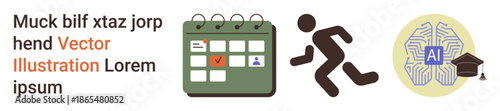 AI learning, productivity tools, time management, education, technology innovation, human movement. Calendar with marked date, running figure AI brain with graduation cap. Productivity tools and AI