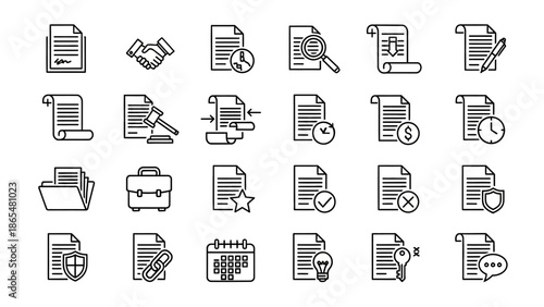 Collection of Document Icons in Black Line Style.