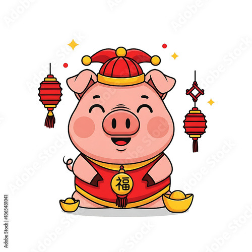 Cheerful cartoon pig in traditional attire celebrating the Lunar New Year, surrounded by festive red lanterns and lucky golden ingots, symbolizing prosperity and good fortune