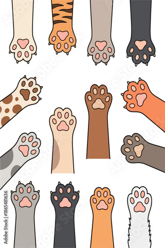 Colorful and playful vector illustration of diverse cat paws with various fur patterns, extending from the frame, celebrating feline cuteness and charm