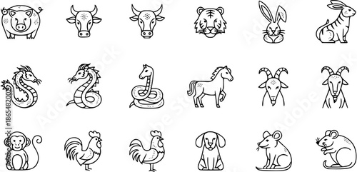 Chinese Zodiac Animals Vector Line Art Icons Set - Black and White Illustrations
