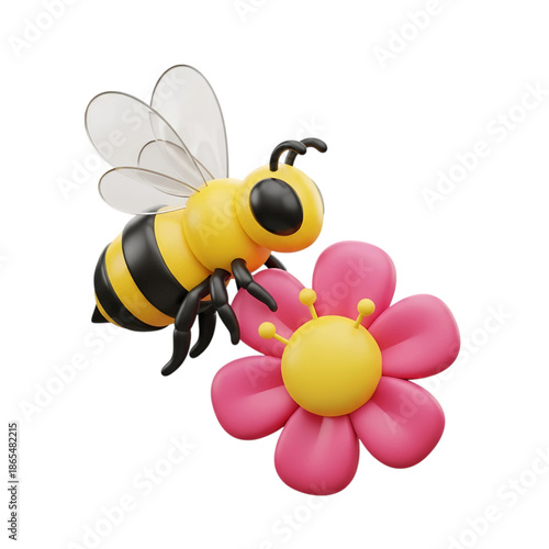 Cute 3D cartoon bee with clear wings hovering near a vibrant pink flower with a yellow center, representing nature, pollination, and spring, isolated on transparent background.