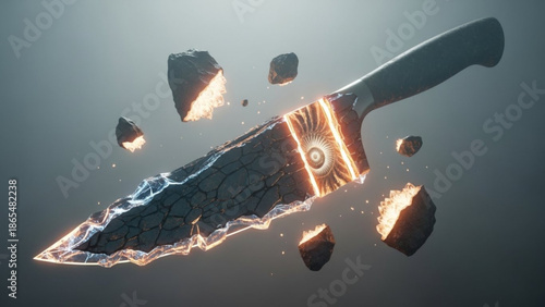Shattered knife with glowing fragments on dark background