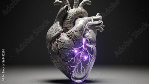 Anatomical heart model with glowing purple electrical impulses on dark background