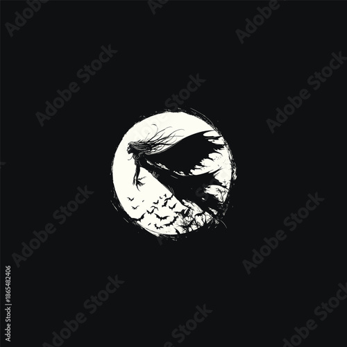 Vintage witch flying with bats in front of full moon, spooky gothic goddess engraving illustration.