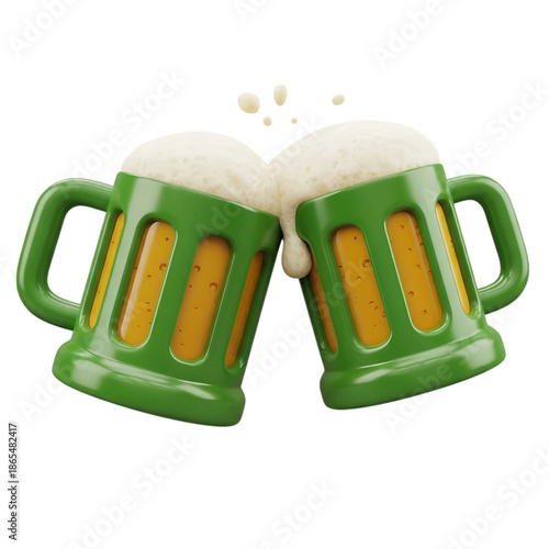 Two vibrant green beer mugs clinking in a celebratory toast, overflowing with frothy golden beer and splashes, perfectly rendered in 3D and isolated on transparent background.