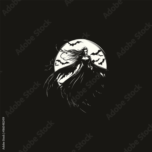 Vintage witch flying with bats in front of full moon, spooky gothic goddess engraving illustration.