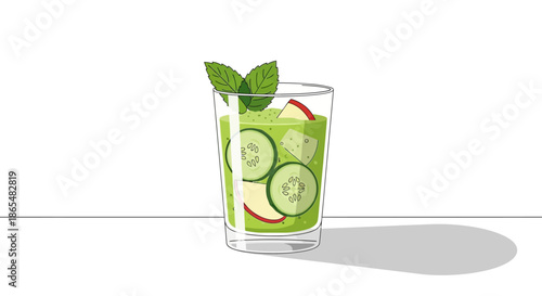 Glass of healthy green juice with cucumber, apple, and mint.