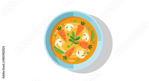 A warm and healthy vegetable soup in a bowl with carrots, mushrooms, and peas.