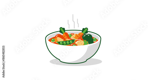 Bowl of steaming hot vegetable soup with carrots, peas, and potatoes.