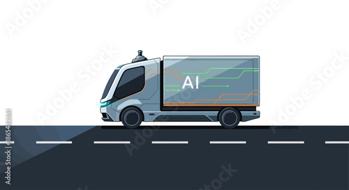 Futuristic AI autonomous truck driving on a highway