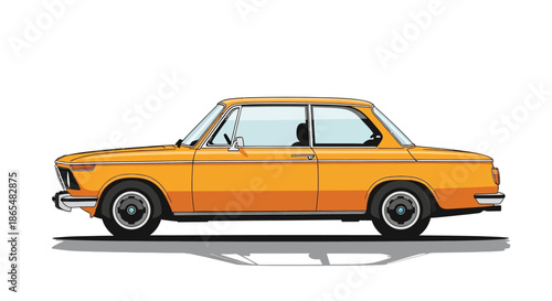 Retro orange coupe automobile against a white background.