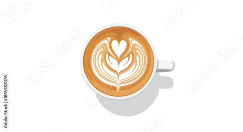Overhead view of a white cup with latte art on white background