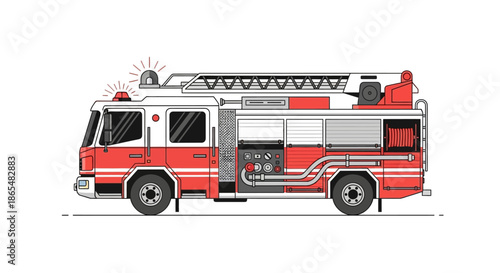 Red and white fire truck with ladder and lights