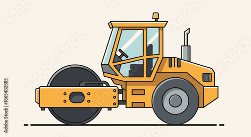 Yellow Road Roller Machine Vector Illustration on a Light Background