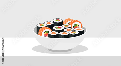Delicious Japanese sushi rolls in a white bowl on a light background.
