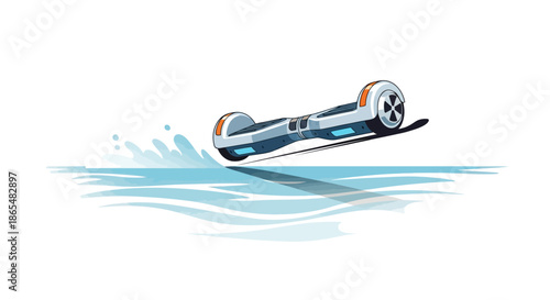 Dynamic hoverboard jumping over water illustration with splash effect.