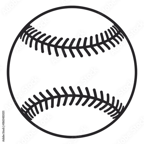 A simple black and white illustration of a classic baseball with stitching
